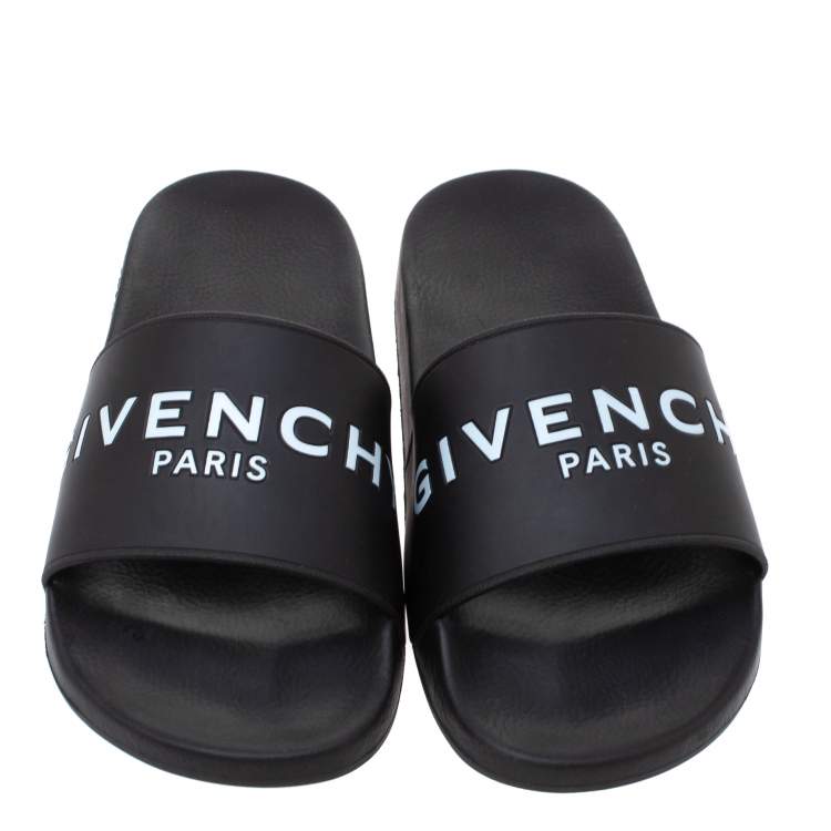 Pre Owned Givenchy Black Rubber Logo Pool Slides Size 44