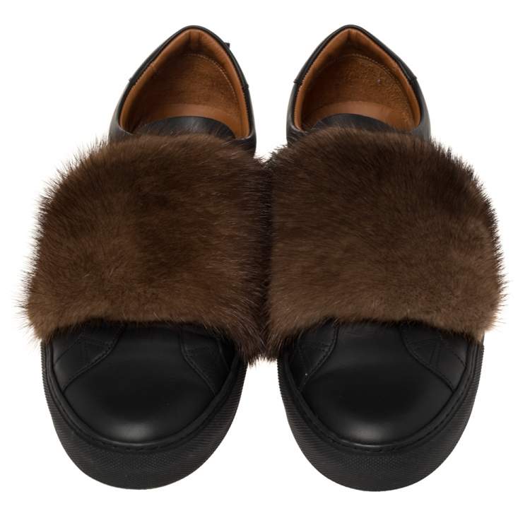 Pre Owned Givenchy Black/Brown Leather and Mink Fur Urban Street Slip On Sneakers Size 45