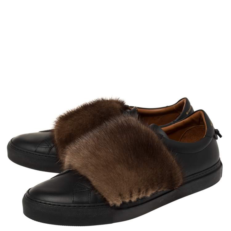 Pre Owned Givenchy Black/Brown Leather and Mink Fur Urban Street Slip On Sneakers Size 45