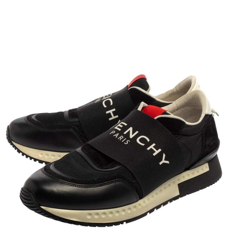 Pre Owned Givenchy Black/Red Leather and Mesh Active Runner Slip On Sneakers Size 43