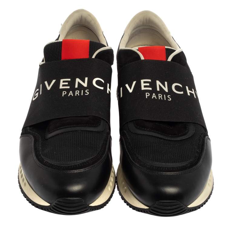 Pre Owned Givenchy Black/Red Leather and Mesh Active Runner Slip On Sneakers Size 43