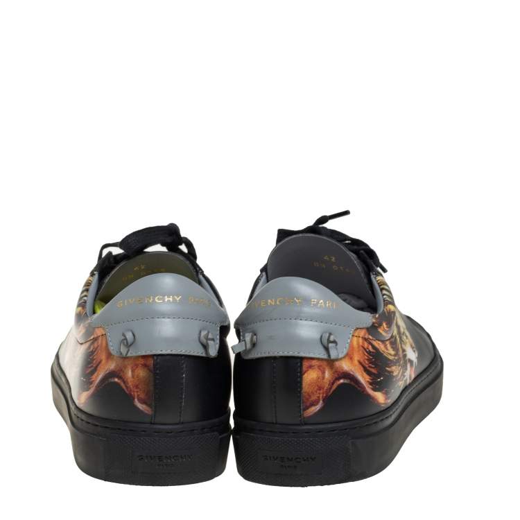 Pre Owned Givenchy Black Leather Lion Print Urban Street Low Top Sneakers Size 42