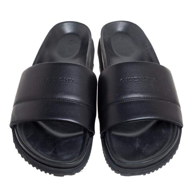 Pre Owned Givenchy Black Leather Logo Slide Sandals Size 45