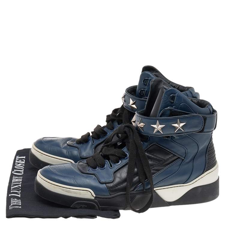 Pre Owned Givenchy Blue/Black Leather Tyson Star Studded High Top Sneakers Size 43