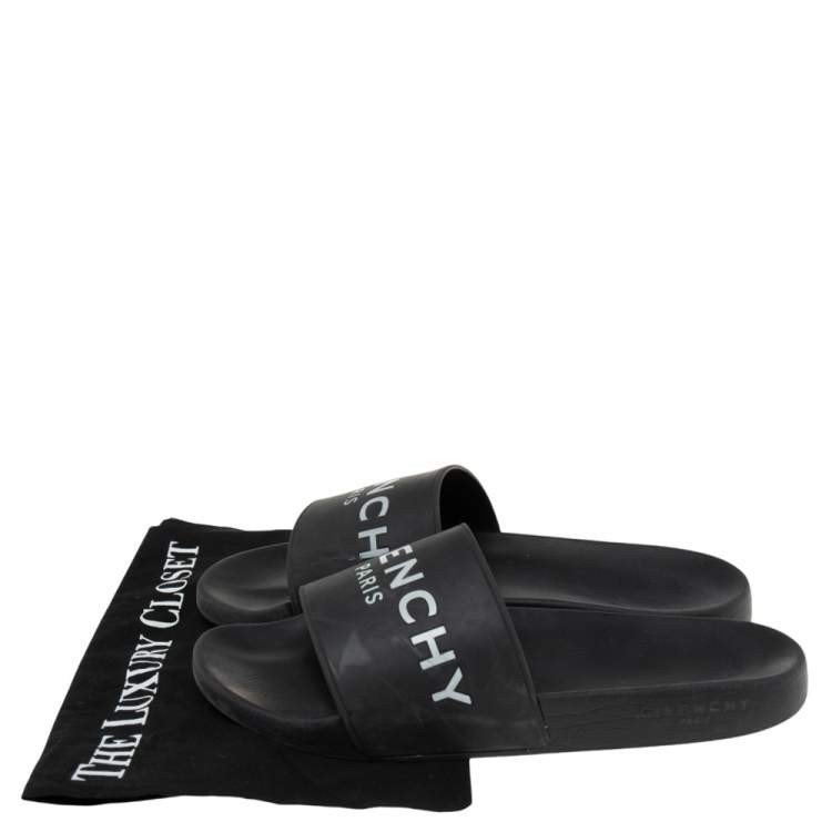 Pre Owned Givenchy Black Rubber Logo Flat Slides Size 43