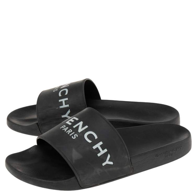 Pre Owned Givenchy Black Rubber Logo Flat Slides Size 43