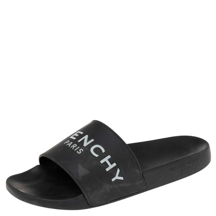 Pre Owned Givenchy Black Rubber Logo Flat Slides Size 43