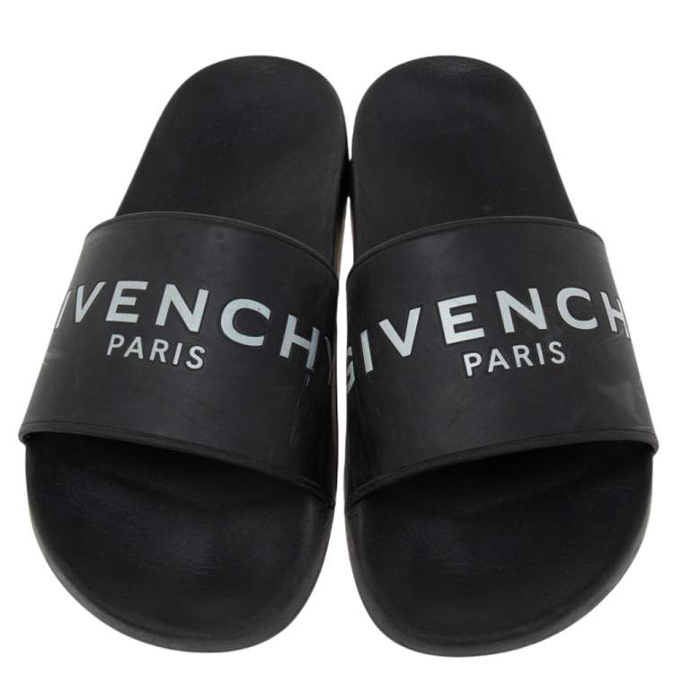 Pre Owned Givenchy Black Rubber Logo Flat Slides Size 43