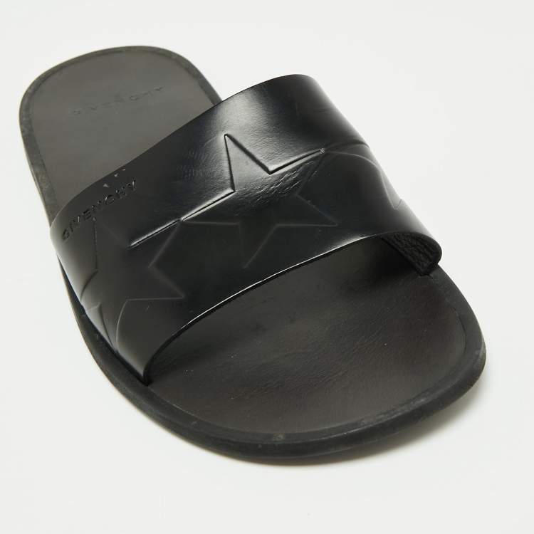 Pre Owned Givenchy Black Leather Star Embossed Flat Slide Sandals Size 41
