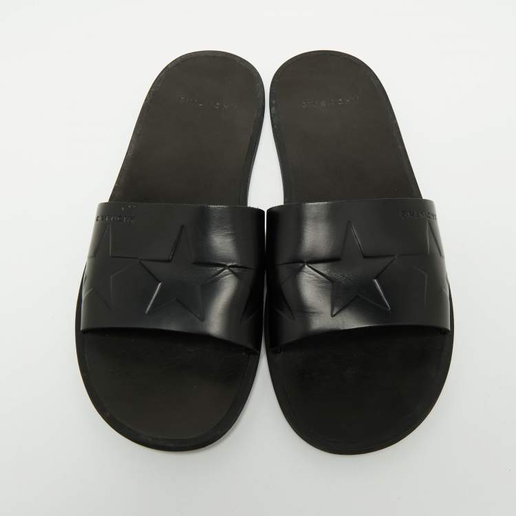 Pre Owned Givenchy Black Leather Star Embossed Flat Slide Sandals Size 41