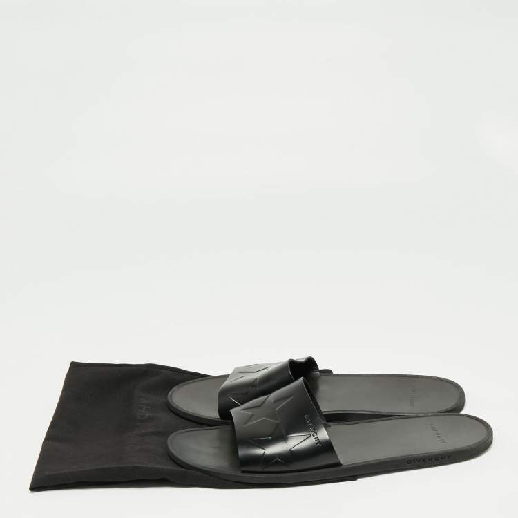Pre Owned Givenchy Black Leather Star Embossed Flat Slide Sandals Size 41
