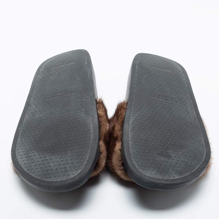 Pre Owned Givenchy Brown Mink Fur Pool Slide Sandals Size 46