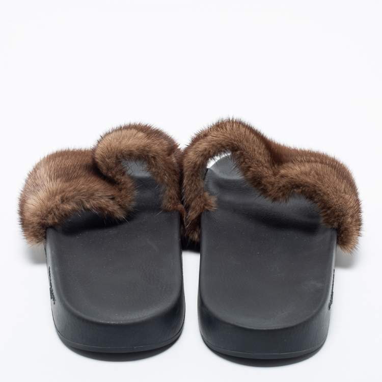Pre Owned Givenchy Brown Mink Fur Pool Slide Sandals Size 46