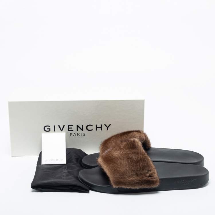 Pre Owned Givenchy Brown Mink Fur Pool Slide Sandals Size 46