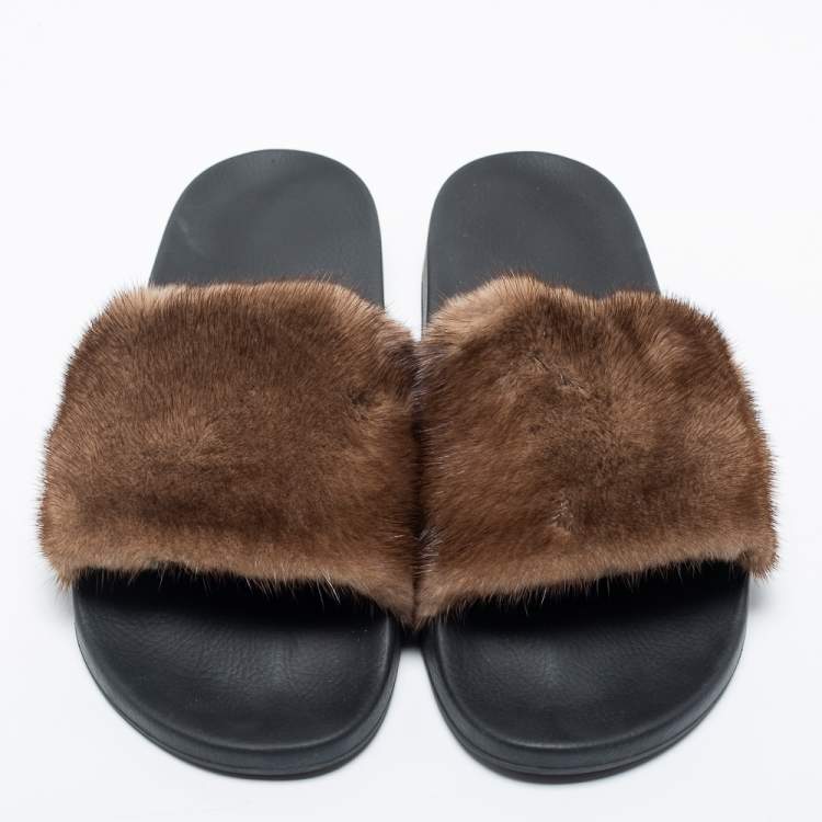 Pre Owned Givenchy Brown Mink Fur Pool Slide Sandals Size 46