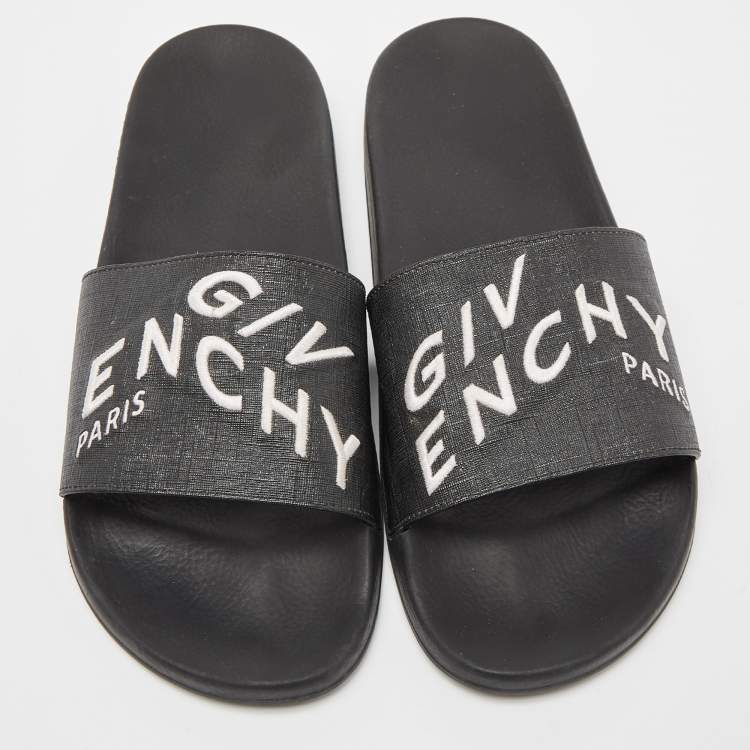Pre Owned Givenchy Black Coated Canvas Embroidered Logo Slides Size 43