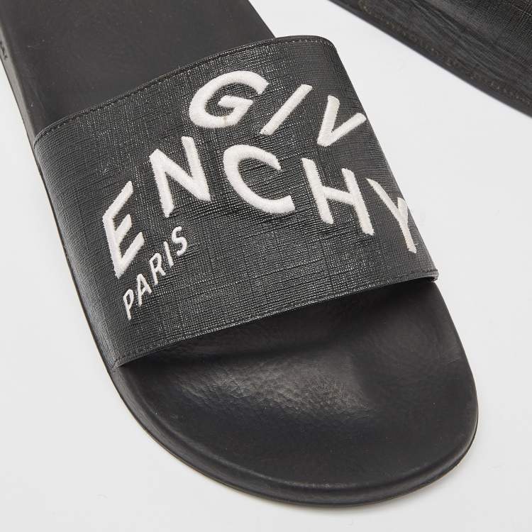 Pre Owned Givenchy Black Coated Canvas Embroidered Logo Slides Size 43