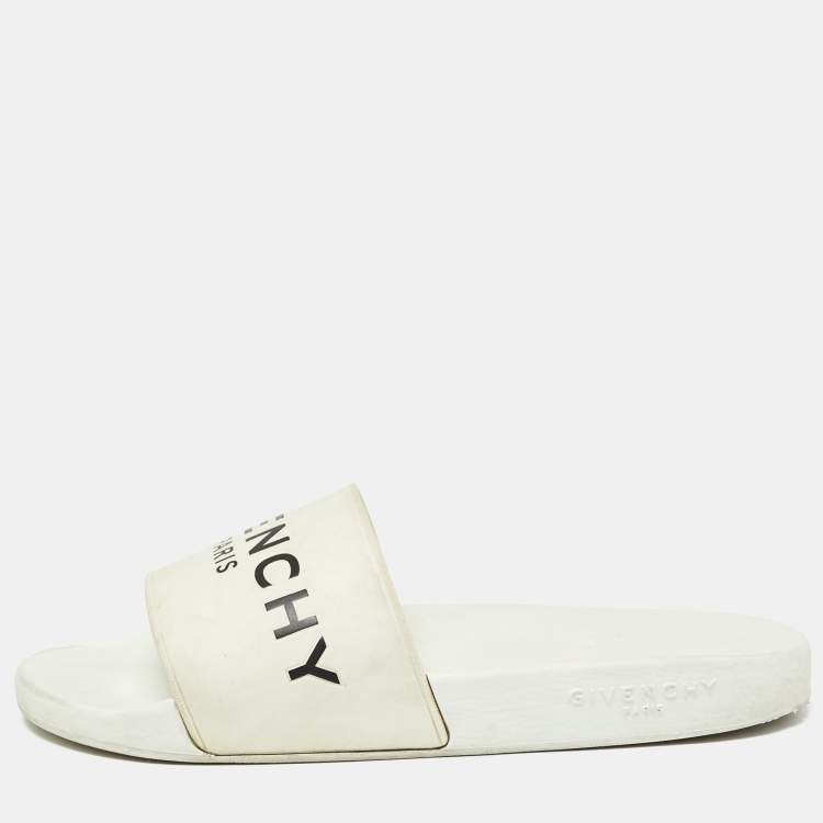 Pre Owned Givenchy White Rubber Logo Flat Slides Size 43