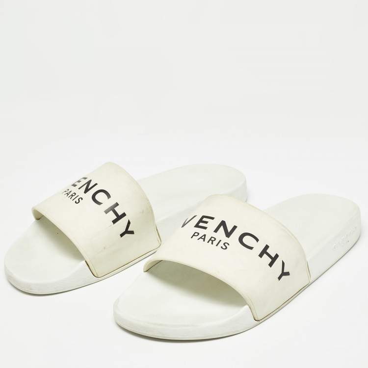 Pre Owned Givenchy White Rubber Logo Flat Slides Size 43