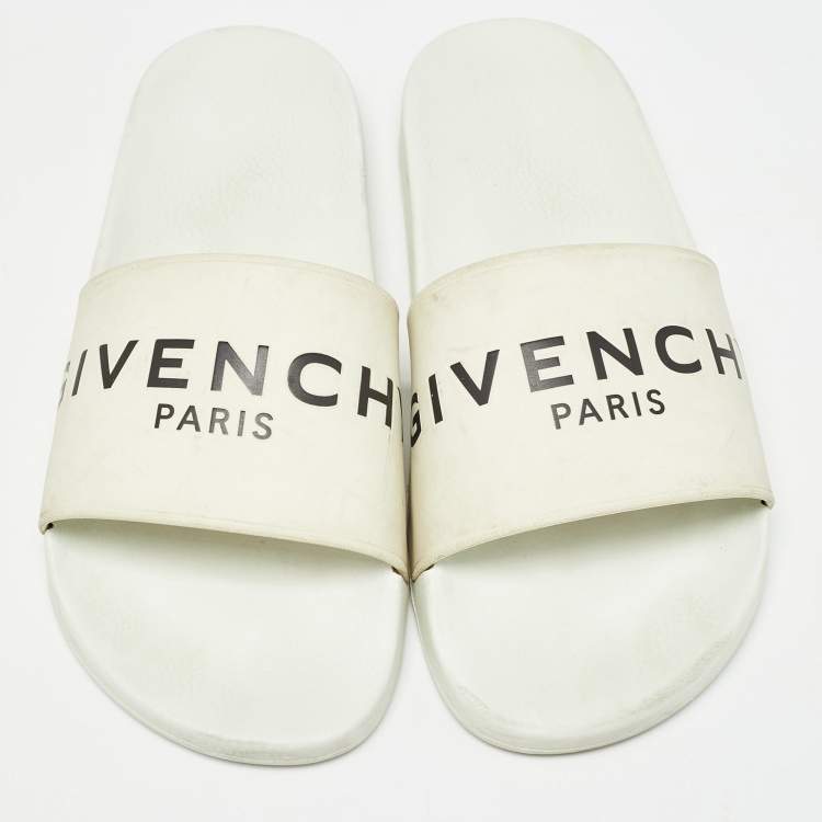 Pre Owned Givenchy White Rubber Logo Flat Slides Size 43