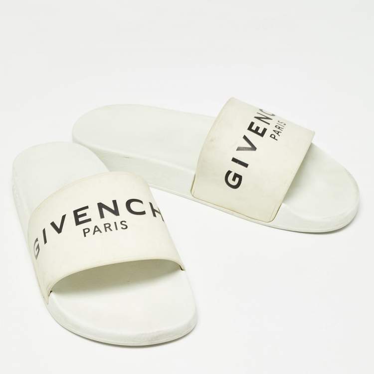 Pre Owned Givenchy White Rubber Logo Flat Slides Size 43