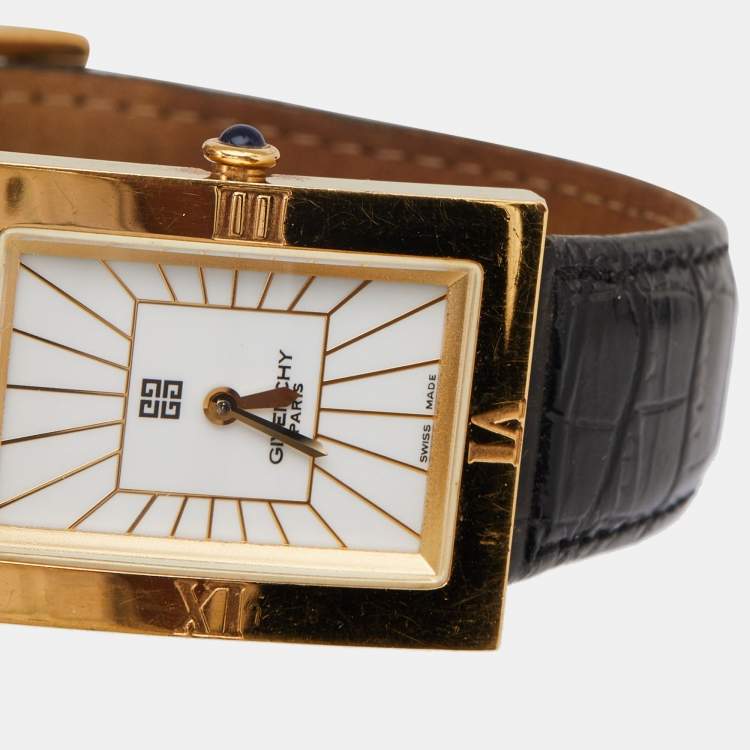 Pre Owned Givenchy White Gold Plated Stainless Steel Leather Apsaras REG.1.558.962 Unisex Wristwatch 23 mm