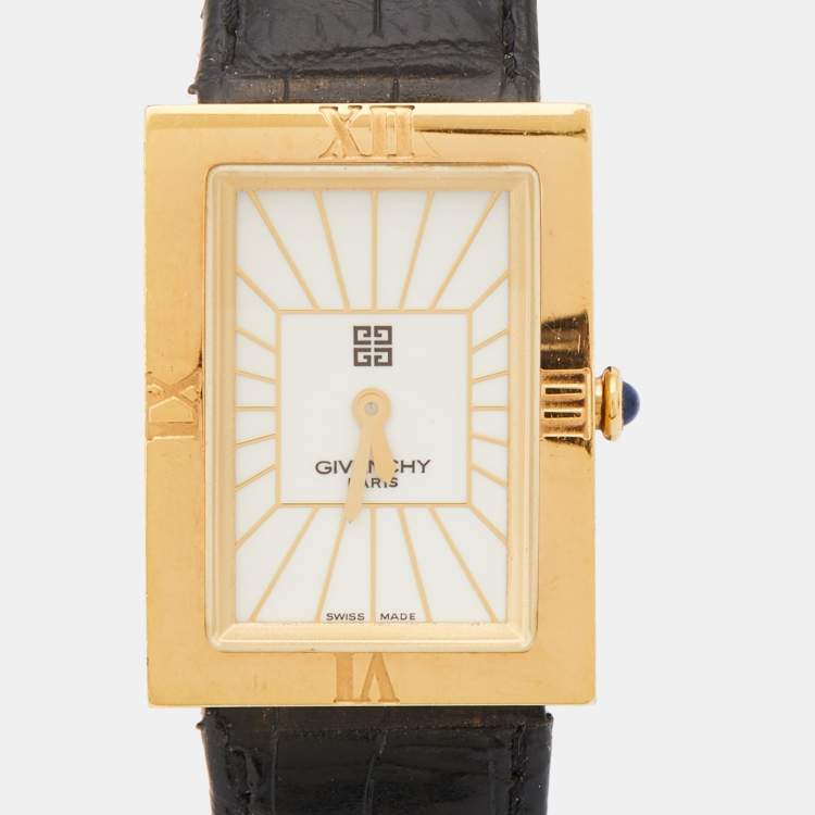 Pre Owned Givenchy White Gold Plated Stainless Steel Leather Apsaras REG.1.558.962 Unisex Wristwatch 23 mm