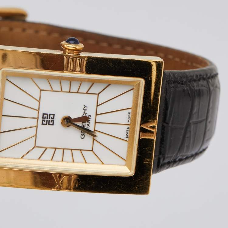 Pre Owned Givenchy White Gold Plated Stainless Steel Leather Apsaras REG.1.558.962 Unisex Wristwatch 23 mm