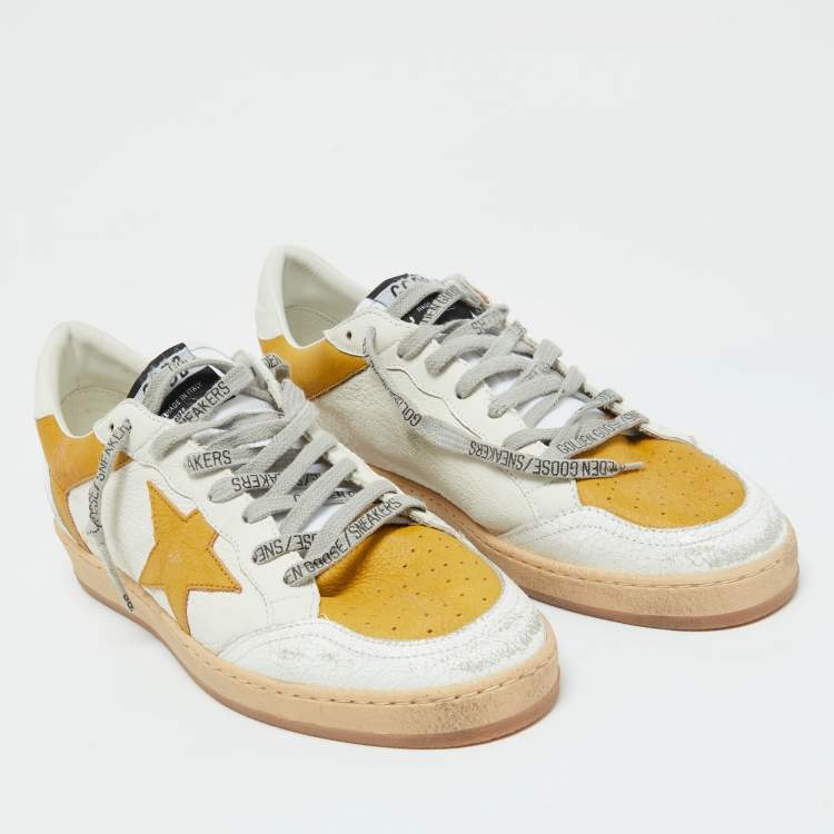 Pre Owned Golden Goose White/Yellow Leather Ballstar Low Top Sneakers Size 42