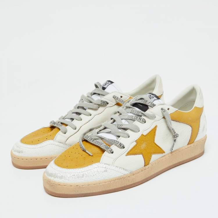 Pre Owned Golden Goose White/Yellow Leather Ballstar Low Top Sneakers Size 42