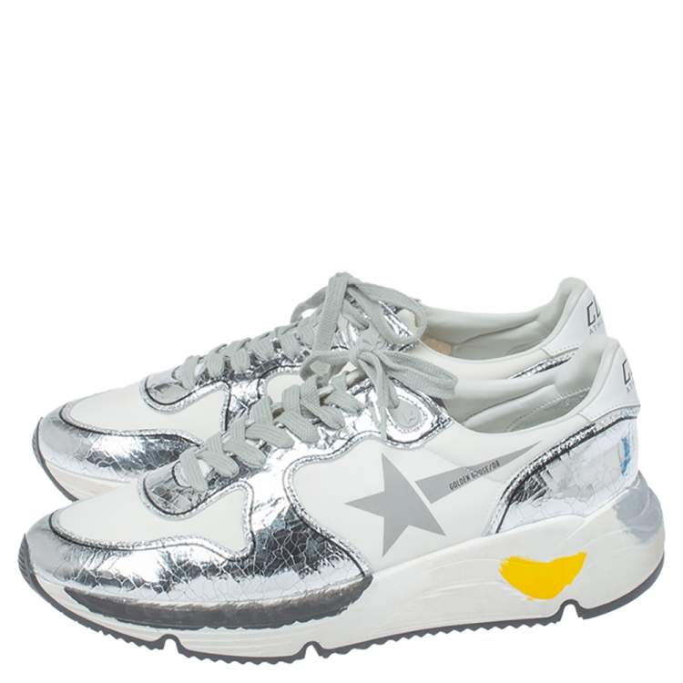 Pre Owned Golden Goose White/Silver Leather Lace Up Sneakers Size 41