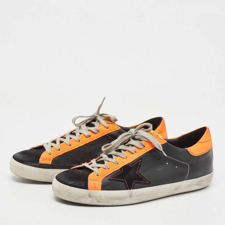 Pre Owned Golden Goose Neon Orange/Black Leather and Suede Superstar Low Top Sneakers Size 43