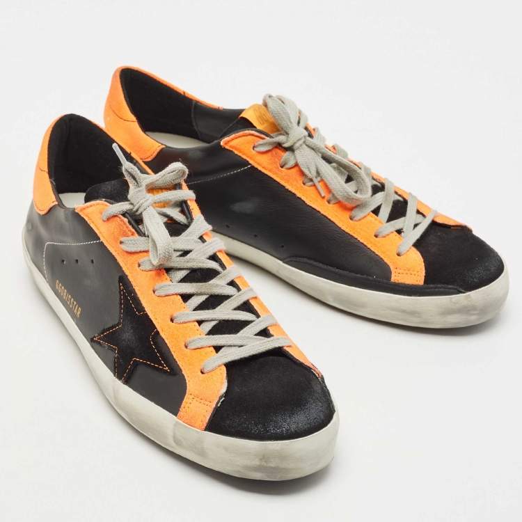 Pre Owned Golden Goose Neon Orange/Black Leather and Suede Superstar Low Top Sneakers Size 43