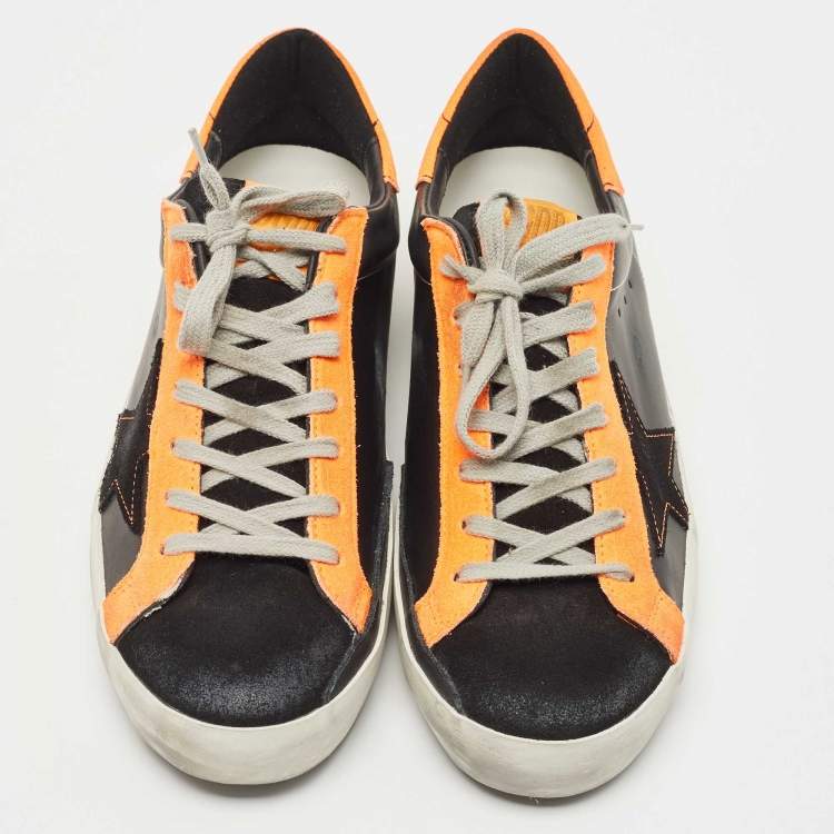 Pre Owned Golden Goose Neon Orange/Black Leather and Suede Superstar Low Top Sneakers Size 43