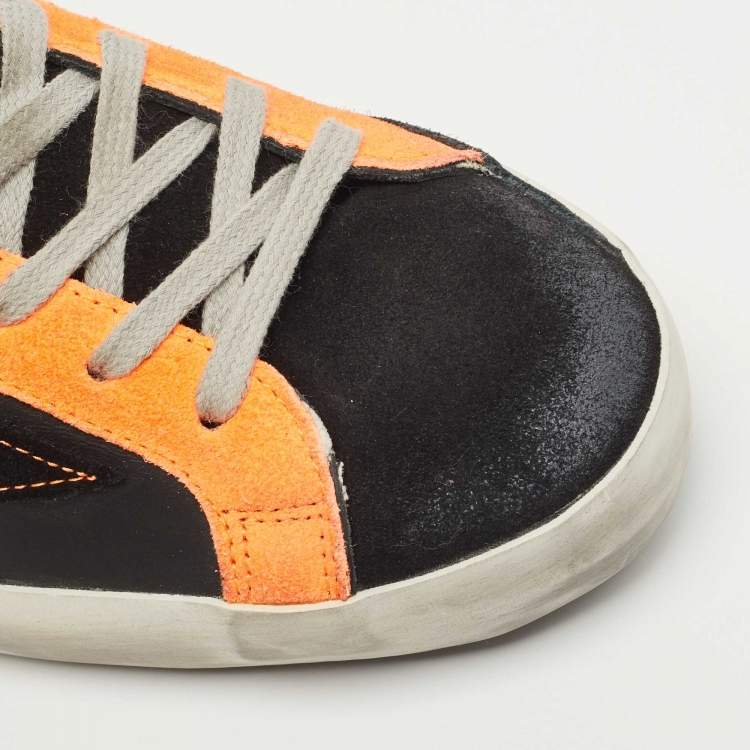 Pre Owned Golden Goose Neon Orange/Black Leather and Suede Superstar Low Top Sneakers Size 43
