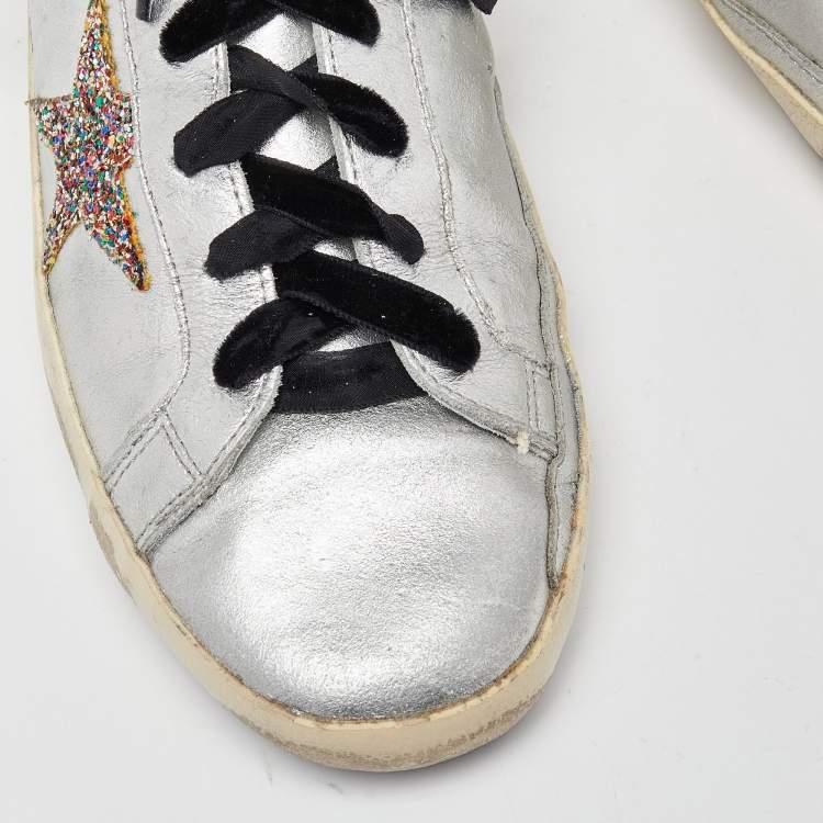 Pre Owned Golden Goose Silver Leather Rainbow Superstar Sneakers Size 42