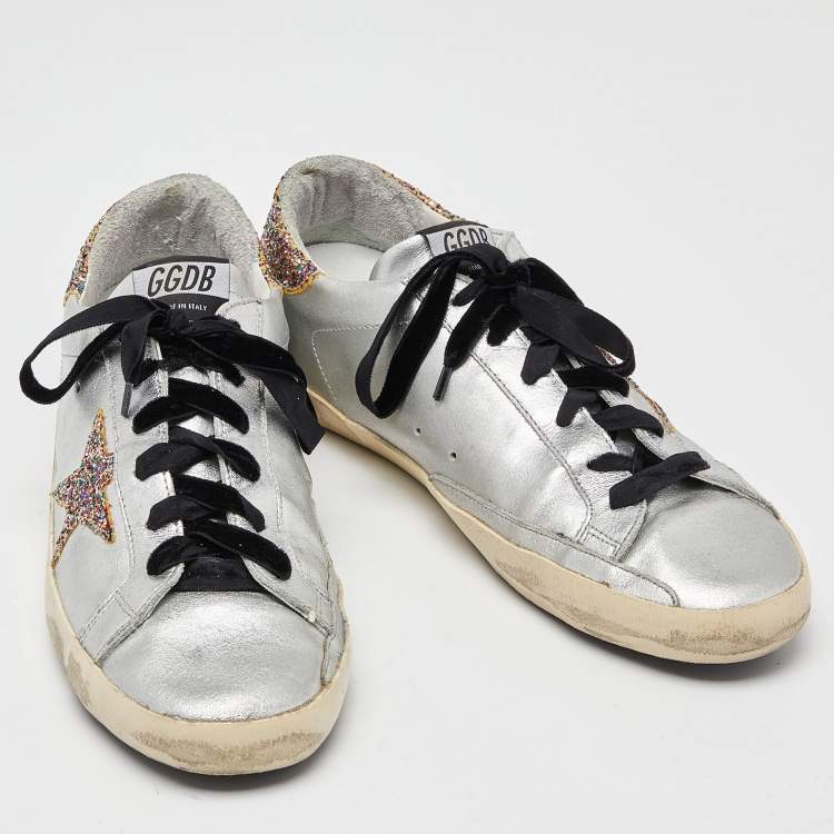 Pre Owned Golden Goose Silver Leather Rainbow Superstar Sneakers Size 42