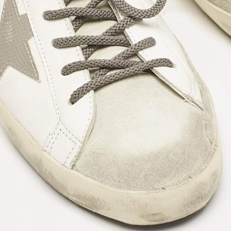Pre Owned Golden Goose White/Green Leather and Suede Super Star Sneakers Size 43