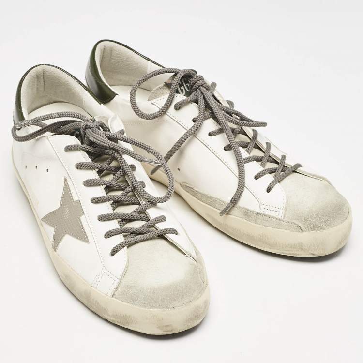 Pre Owned Golden Goose White/Green Leather and Suede Super Star Sneakers Size 43