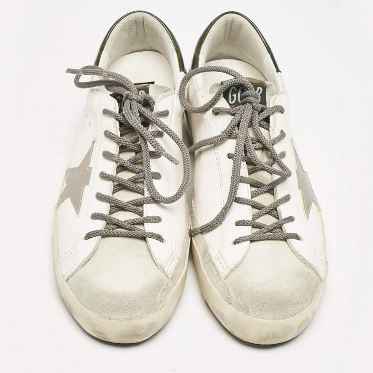 Pre Owned Golden Goose White/Green Leather and Suede Super Star Sneakers Size 43