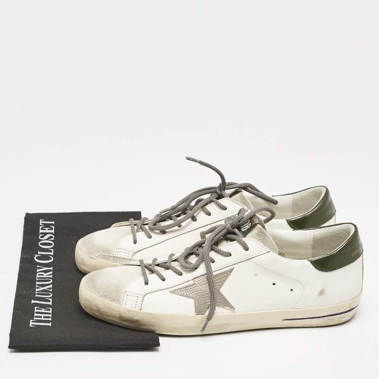 Pre Owned Golden Goose White/Green Leather and Suede Super Star Sneakers Size 43