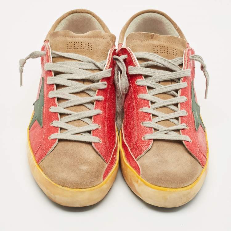 Pre Owned Golden Goose Red/Beige Leather and Suede Superstar Low Top Sneakers Size 43