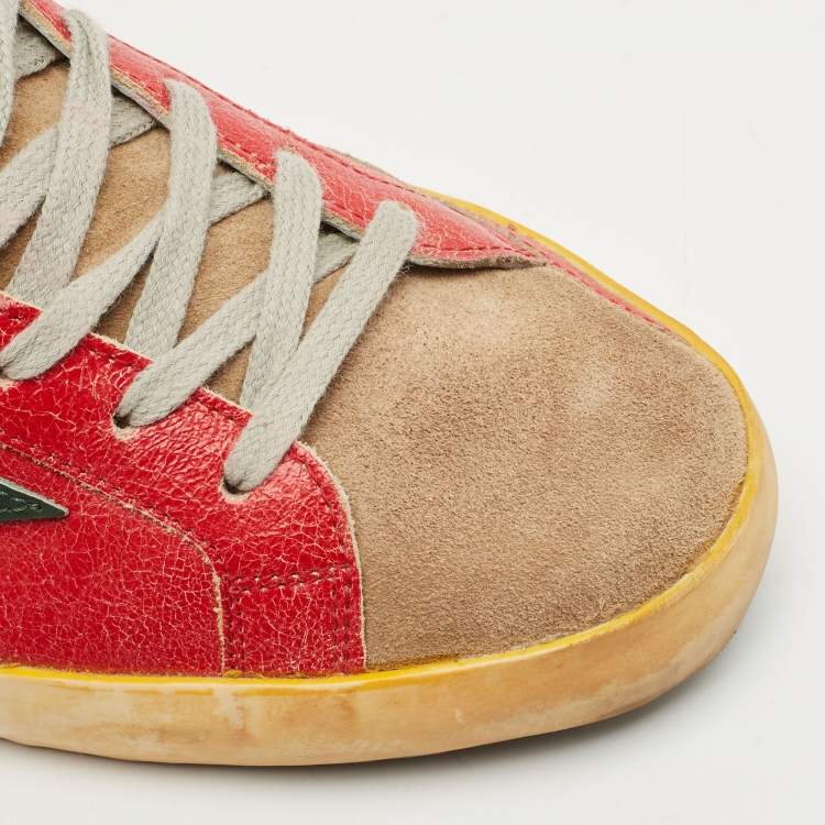 Pre Owned Golden Goose Red/Beige Leather and Suede Superstar Low Top Sneakers Size 43