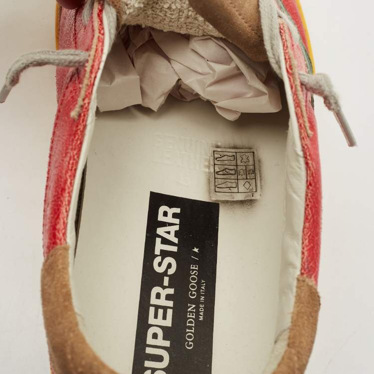 Pre Owned Golden Goose Red/Beige Leather and Suede Superstar Low Top Sneakers Size 43