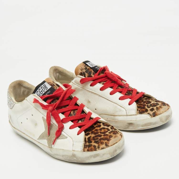 Pre Owned Golden Goose White/Brown Calf Hair Leather Super Star Sneakers Size 41