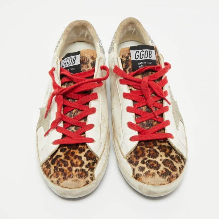 Pre Owned Golden Goose White/Brown Calf Hair Leather Super Star Sneakers Size 41