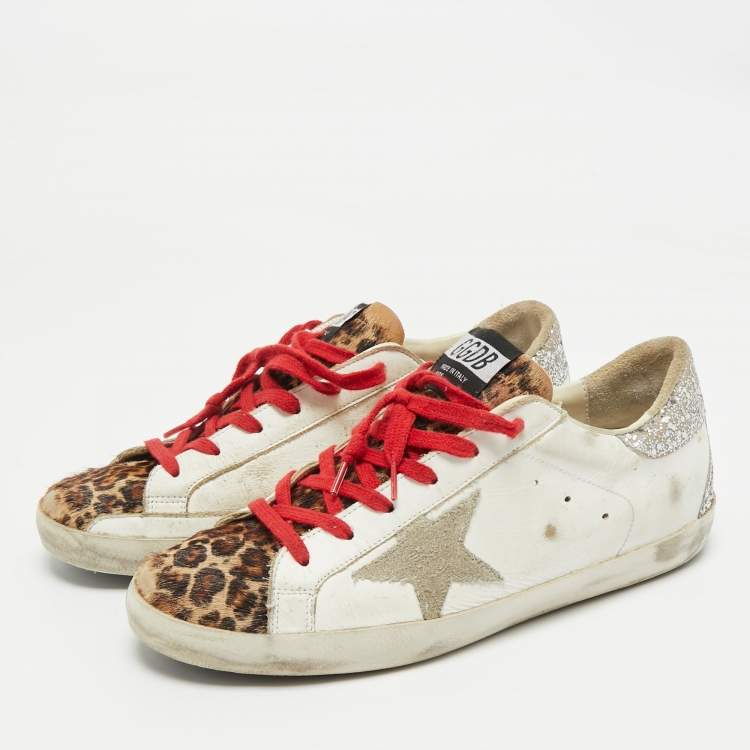 Pre Owned Golden Goose White/Brown Calf Hair Leather Super Star Sneakers Size 41