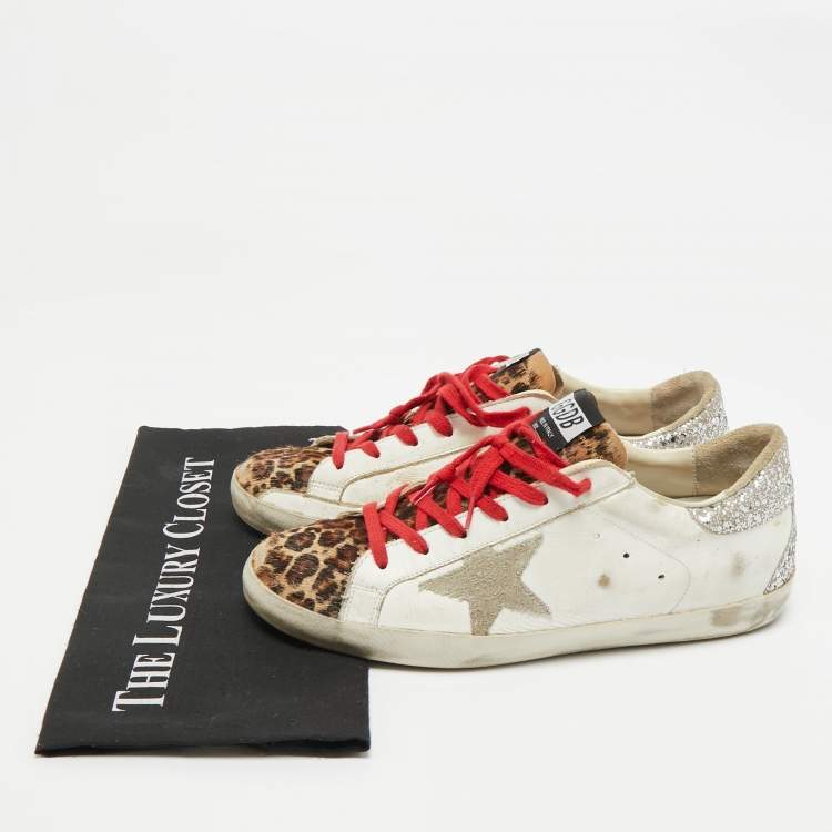 Pre Owned Golden Goose White/Brown Calf Hair Leather Super Star Sneakers Size 41
