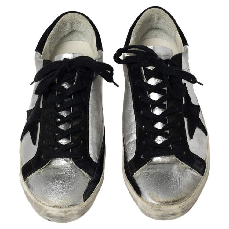 Pre Owned Golden Goose Silver/Black Leather And Suede  Superstar Low-Top Sneakers Size 41