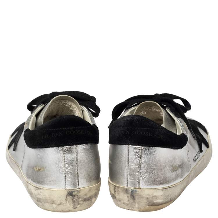 Pre Owned Golden Goose Silver/Black Leather And Suede  Superstar Low-Top Sneakers Size 41